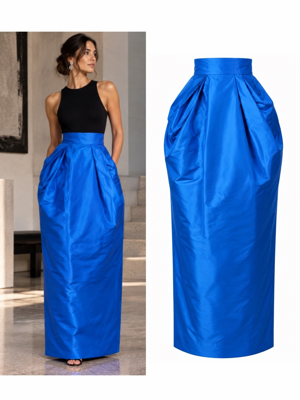 Christopher John Rogers Blue Silk Faille Maxi Skirt Pleated 2 Formal NWT 🟠
